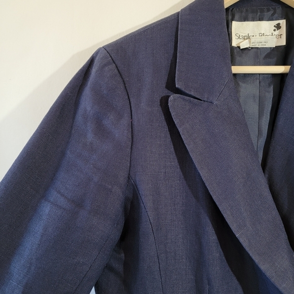 VTG Stanley Blacker Women Navy Blue 100% Linen Double Breasted Blazer 6 Crest - Picture 6 of 12